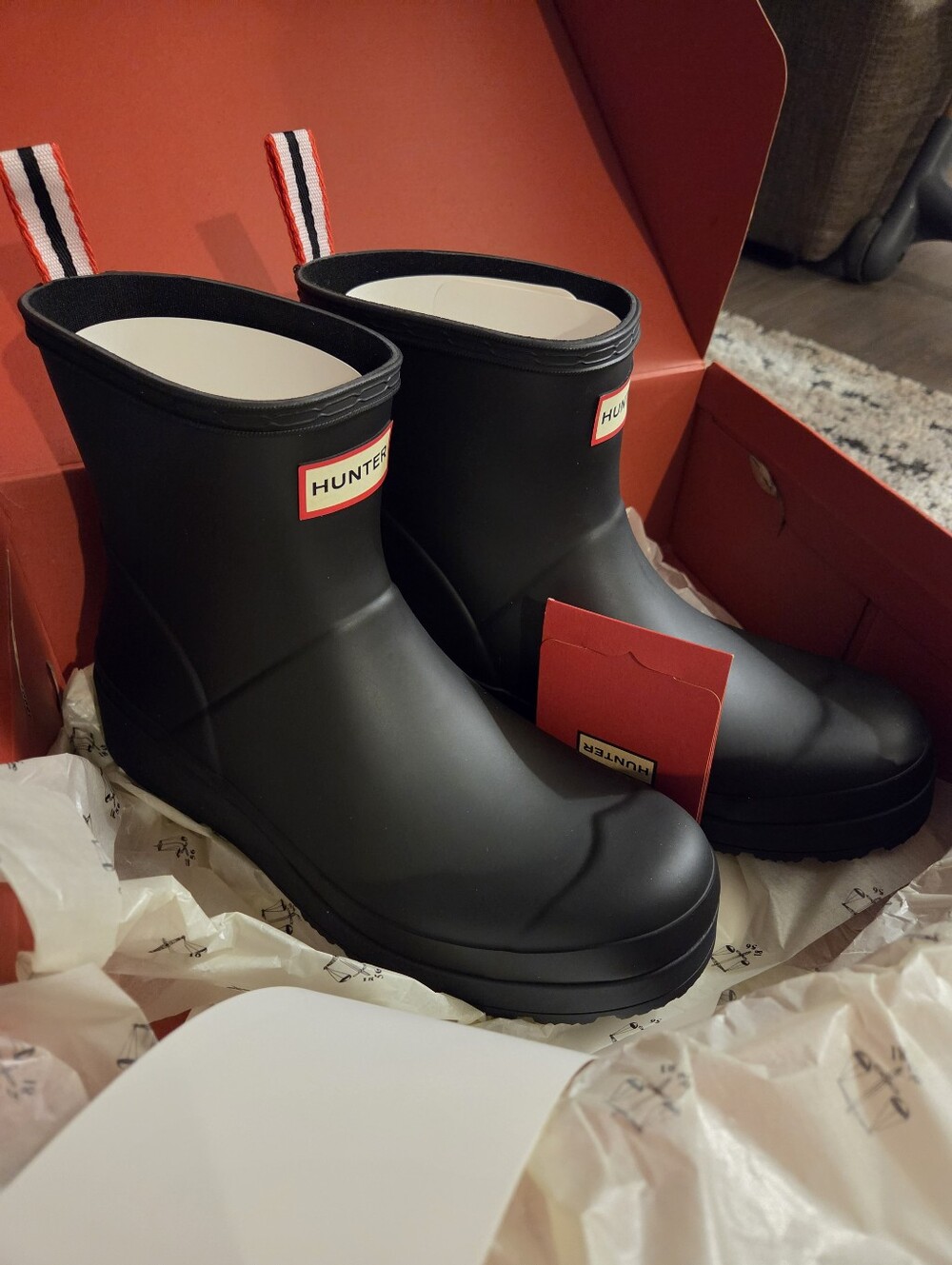 Hunter Black Ankle Rain Boot with Red-Trim Logo